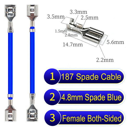 Detailed 4.8mm both sided spade terminals Cable Single-Sided Blue, ideal for automotive repairs, DIY projects, and home wiring solutions. Durable and easy to install.