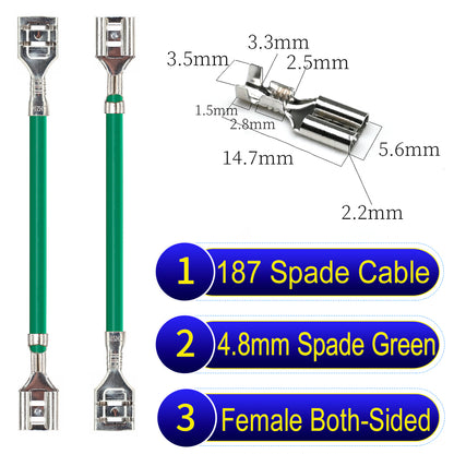 Detailed 4.8mm both sided spade terminals Cable Single-Sided Green, ideal for automotive repairs, DIY projects, and home wiring solutions. Durable and easy to install.