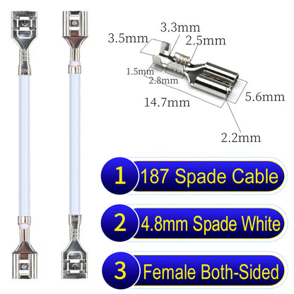Detailed 4.8mm both sided spade terminals Cable Single-Sided White, ideal for automotive repairs, DIY projects, and home wiring solutions. Durable and easy to install.