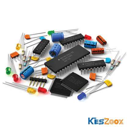 Electronics prototyping ecosystem — Arduino Nano, FPGA development board, NXP microcontroller board, relay module, Xilinx Spartan FPGA, Microchip PIC MCU, 7-segment display, LED, inductor, resistor, capacitor — complete prototype kit components at Keszoox