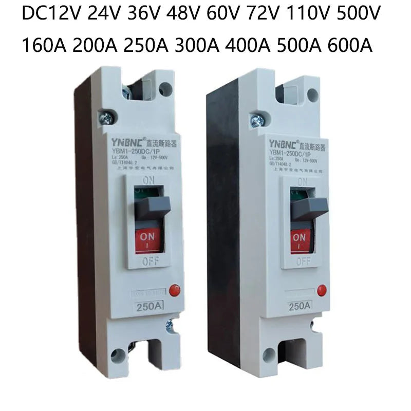 1P plastic case DC circuit breaker 12V–500V 125A–600A high power short circuit protector