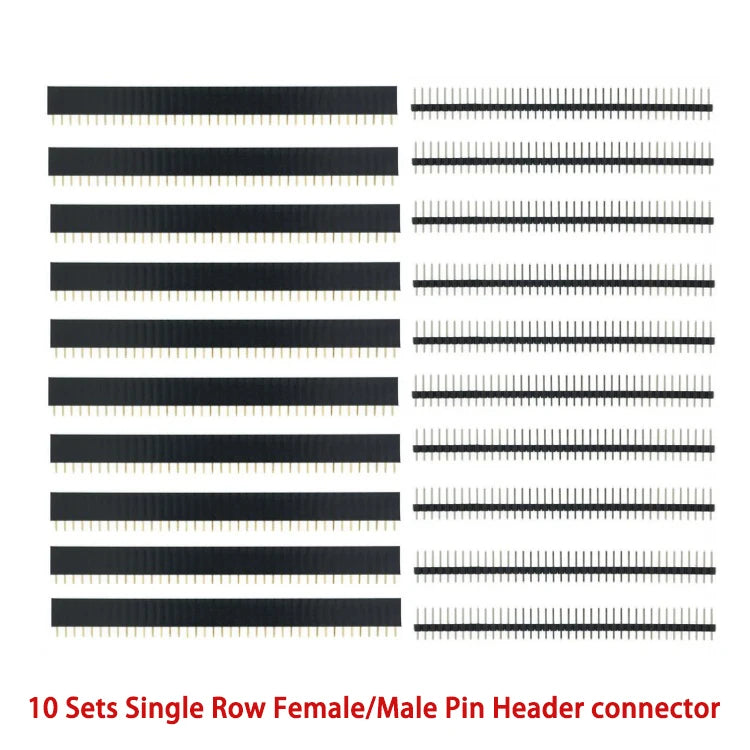 2.54mm 1x40 pin female and male header connector kit, suitable for electronics projects, breadboards, Arduino, and DIY circuits