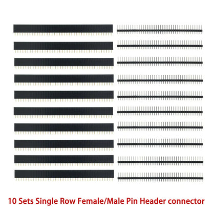 2.54mm 1x40 pin female and male header connector kit, suitable for electronics projects, breadboards, Arduino, and DIY circuits