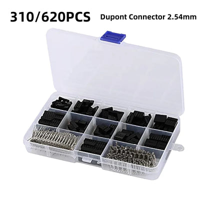 2.54mm Dupont connector jumper wire kit with male and female crimp pins and header terminal connectors for Arduino and DIY electronics projects
