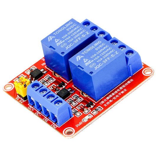 2-channel relay module with 5V/12V/24V input, optocoupler isolation, supporting high and low level trigger for Arduino DIY electronics projects