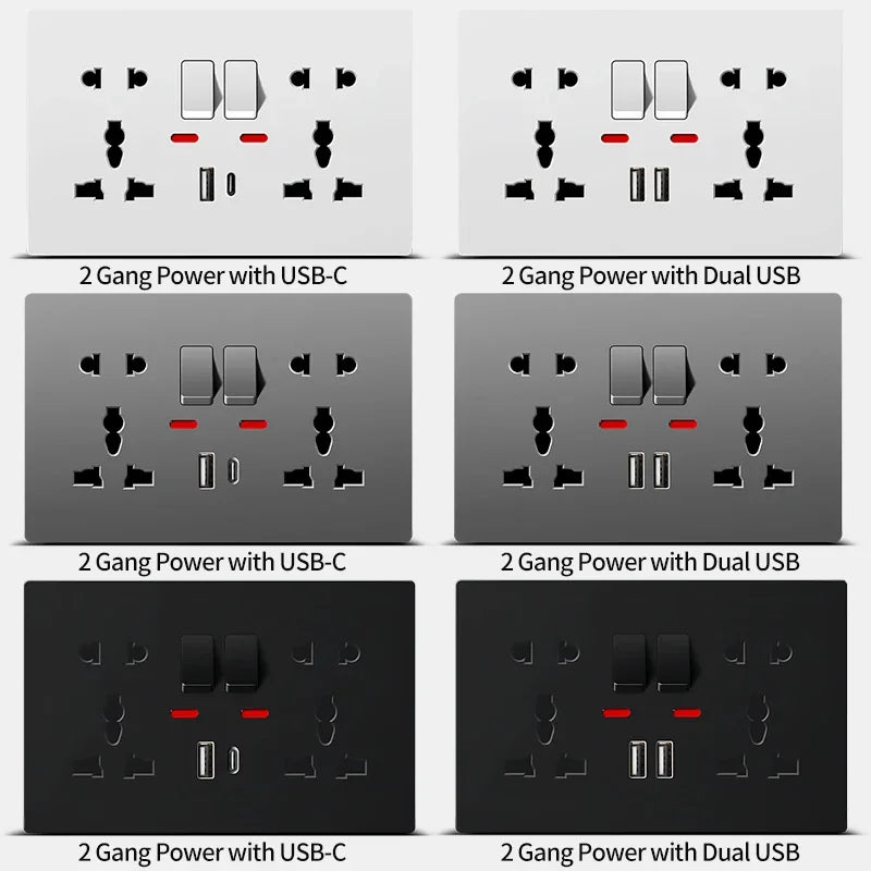 2 gang wall power outlet with individual switches and USB-C USB charging ports for home office use