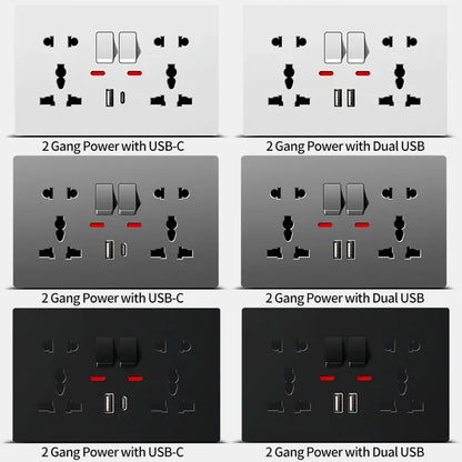 2 gang wall power outlet with individual switches and USB-C USB charging ports for home office use