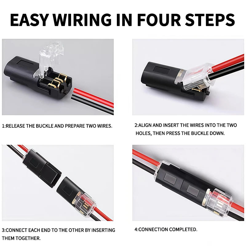 2 pin solderless LED wire connector showing secure cable connection without stripping
