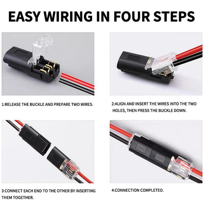 2 pin solderless LED wire connector showing secure cable connection without stripping