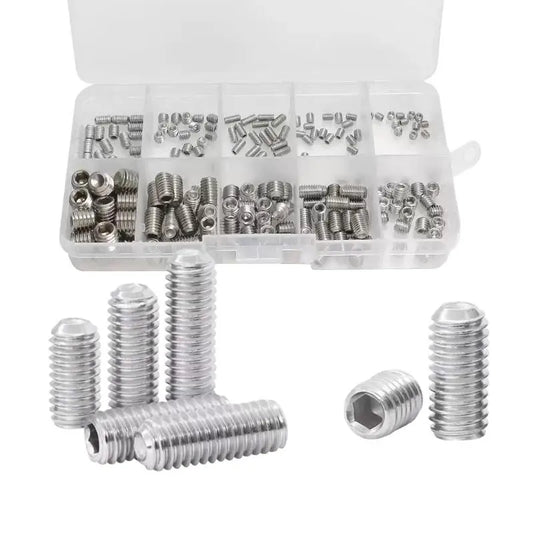 200Pcs M3/M4/M5/M6/M8 headless machine screws rice combination kit 304 stainless steel hex socket flat end