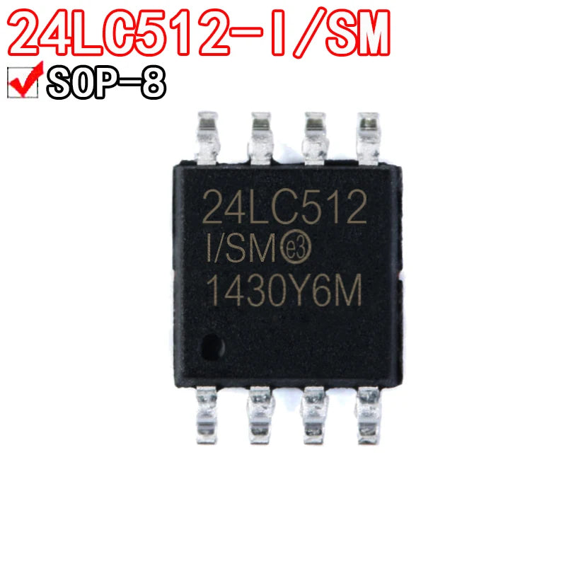 24LC512 / 24FC512 SOP-8 I²C serial EEPROM IC for memory storage, microcontrollers, and DIY electronics projects
