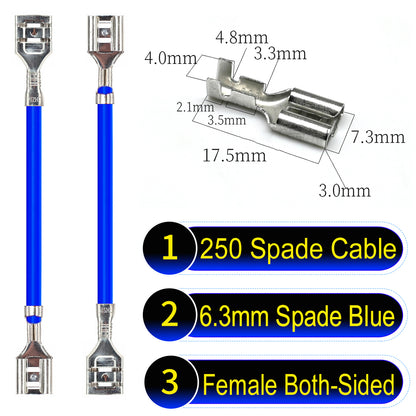 Premium 250 Type 6.3mm spade terminals Cable both sided Blue for automotive and home wiring.