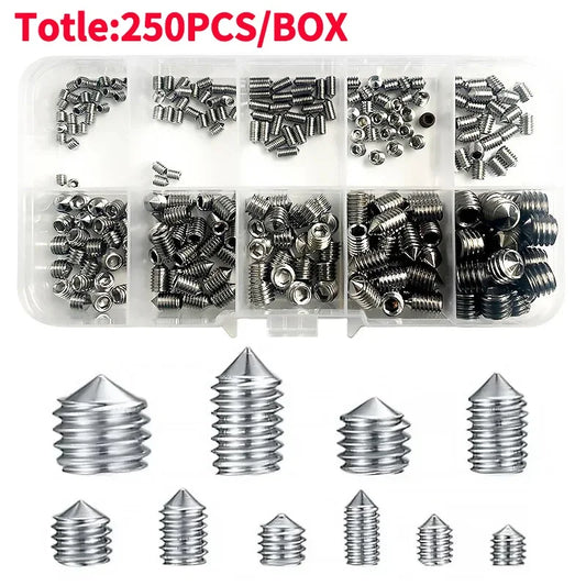 250PCS stainless steel Allen head socket set grub screws assortment M3 M4 M5 M6 M8 cup point with plastic box
