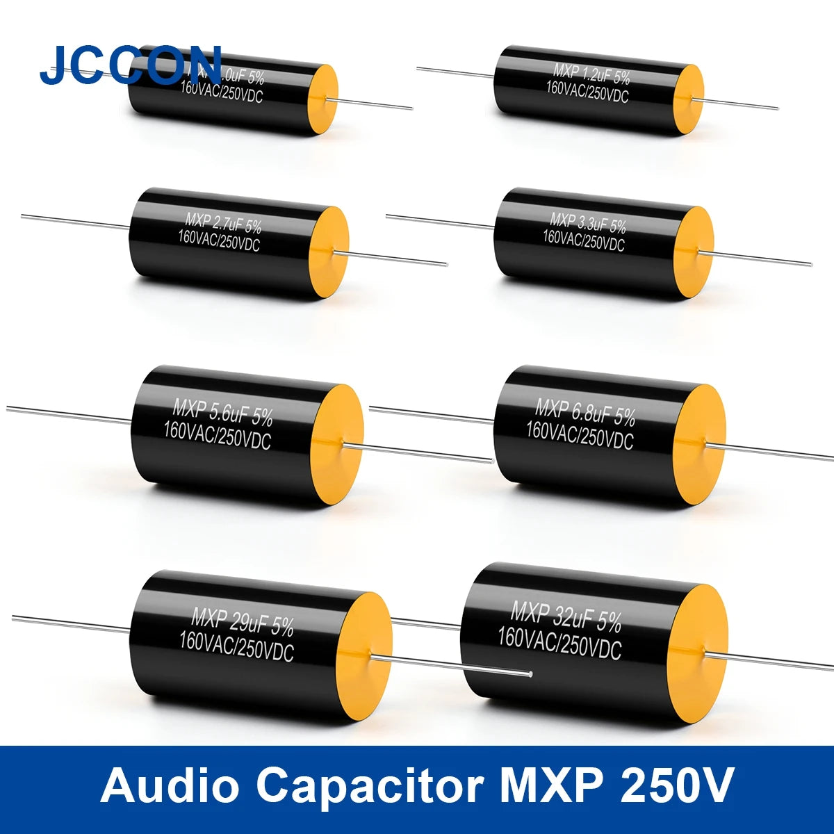 250V/160V MXP audio capacitor, 0.22µF-22µF, ideal for HiFi frequency divider circuits and audiophile speaker applications