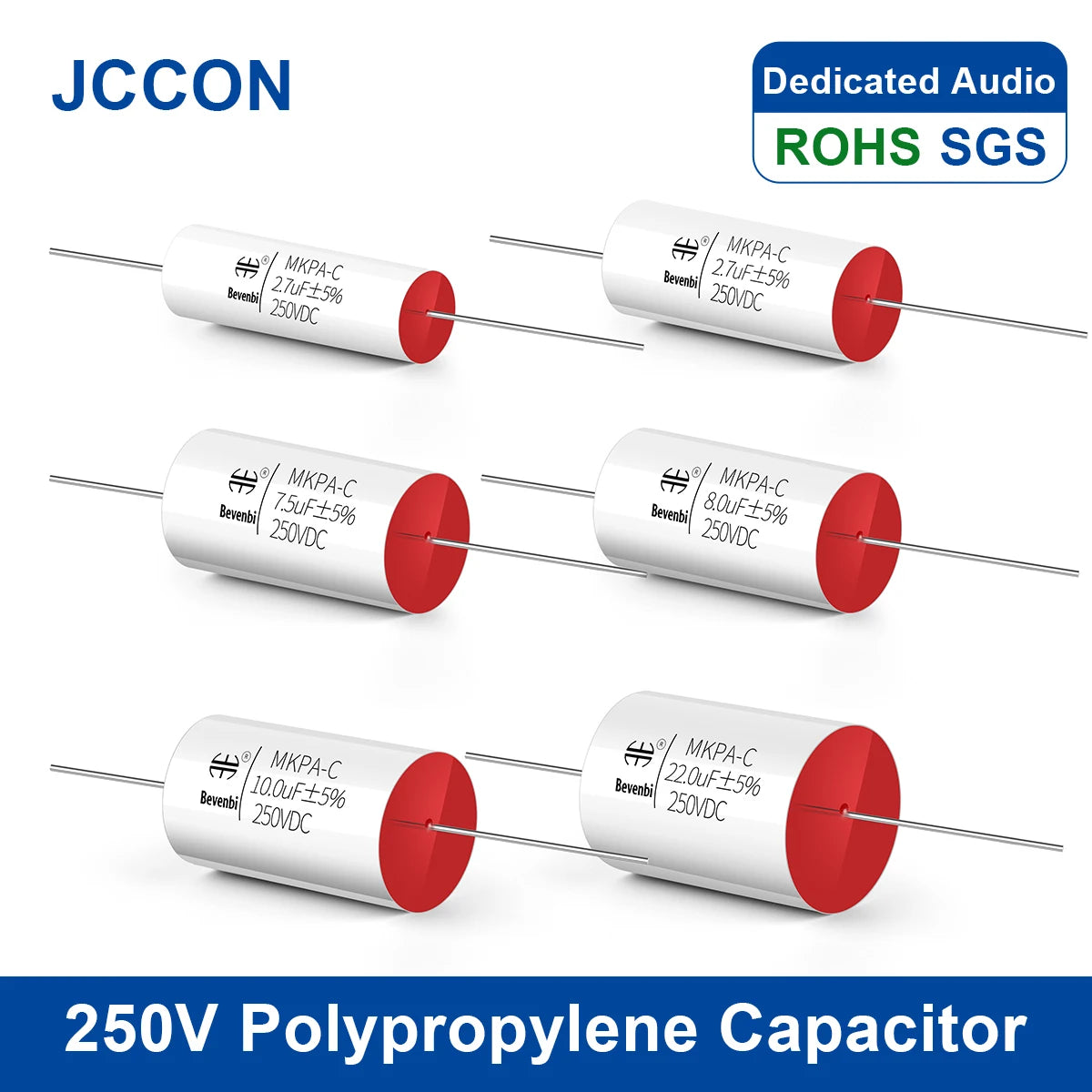 250V MKP metallized polypropylene film audio capacitor, 0.22µF-68µF, ideal for HiFi frequency divider and audiophile applications