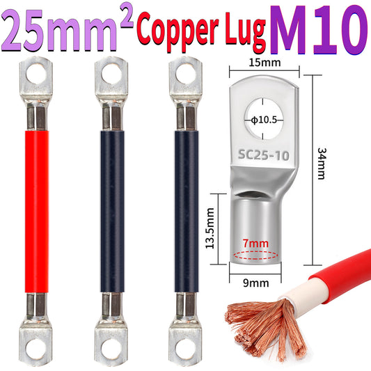 25mm² copper lug power cable with M10 ring terminal for power distribution and grounding connections