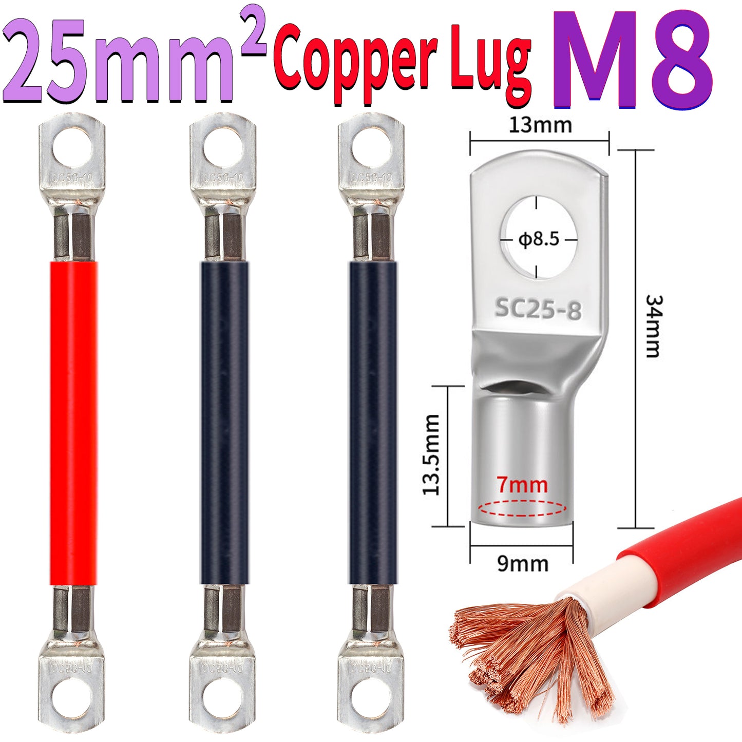 25mm² heavy duty copper ring terminal cable with M8 bolt hole for battery and industrial power use