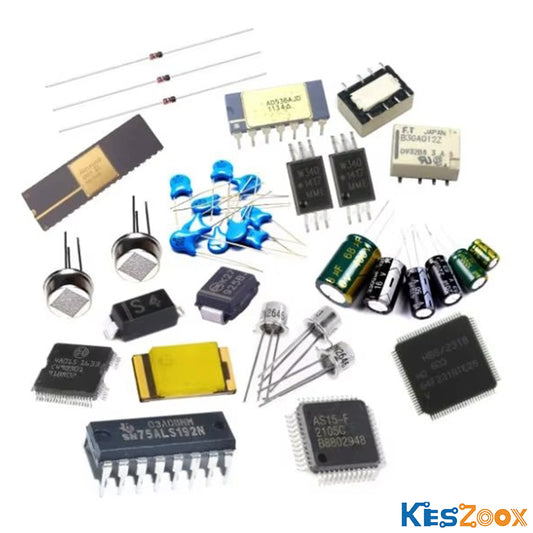 Full range electronic components assortment — axial resistor, ceramic capacitor, electrolytic capacitor, film capacitor, Schottky diode, NPN transistor, signal relay, LQFP IC, DIP-14 IC, SMD power device, transformer, inductor — all component types in stock at Keszoox for PCB assembly