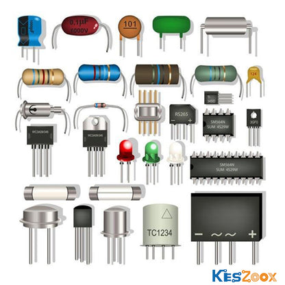 Discrete electronic components assortment — film capacitor, ceramic capacitor, carbon resistor, wirewound resistor, power transistor, LED, glass fuse, TO-92 transistor, relay, bridge rectifier — THT through-hole components ready stock