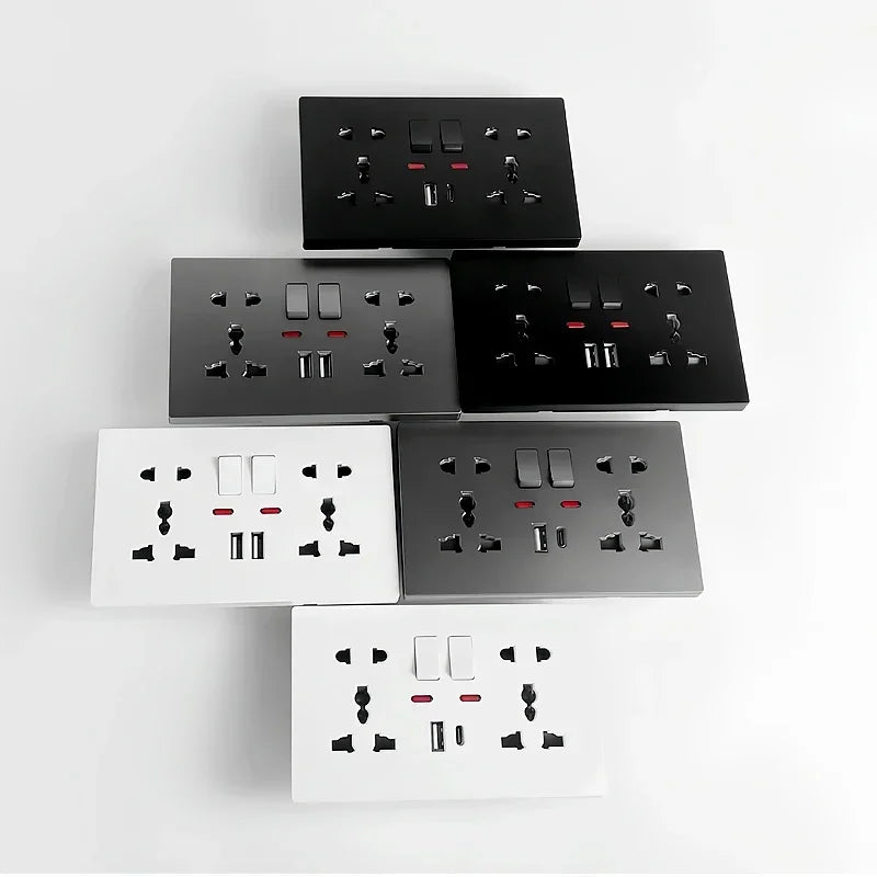 Universal 2-gang AC 110-250V wall outlet with switches, integrated USB-C charging port and LED indicator