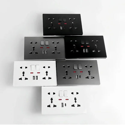 Universal 2-gang AC 110-250V wall outlet with switches, integrated USB-C charging port and LED indicator