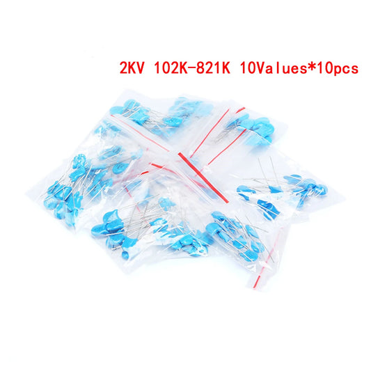 2KV high voltage ceramic capacitor assortment kit with 102K 221K 332K 471K 472K 561K 681K 821K capacitors for electronic circuit projects