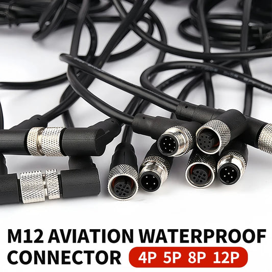 2m M12 waterproof sensor cable with male & female connector, 4/5/8/12 pin, integrated injection molded for industrial automation
