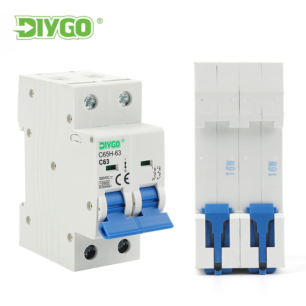2P DC MCB 6KA 500V solar mini circuit breaker, 6A to 63A for PV system and battery main switch