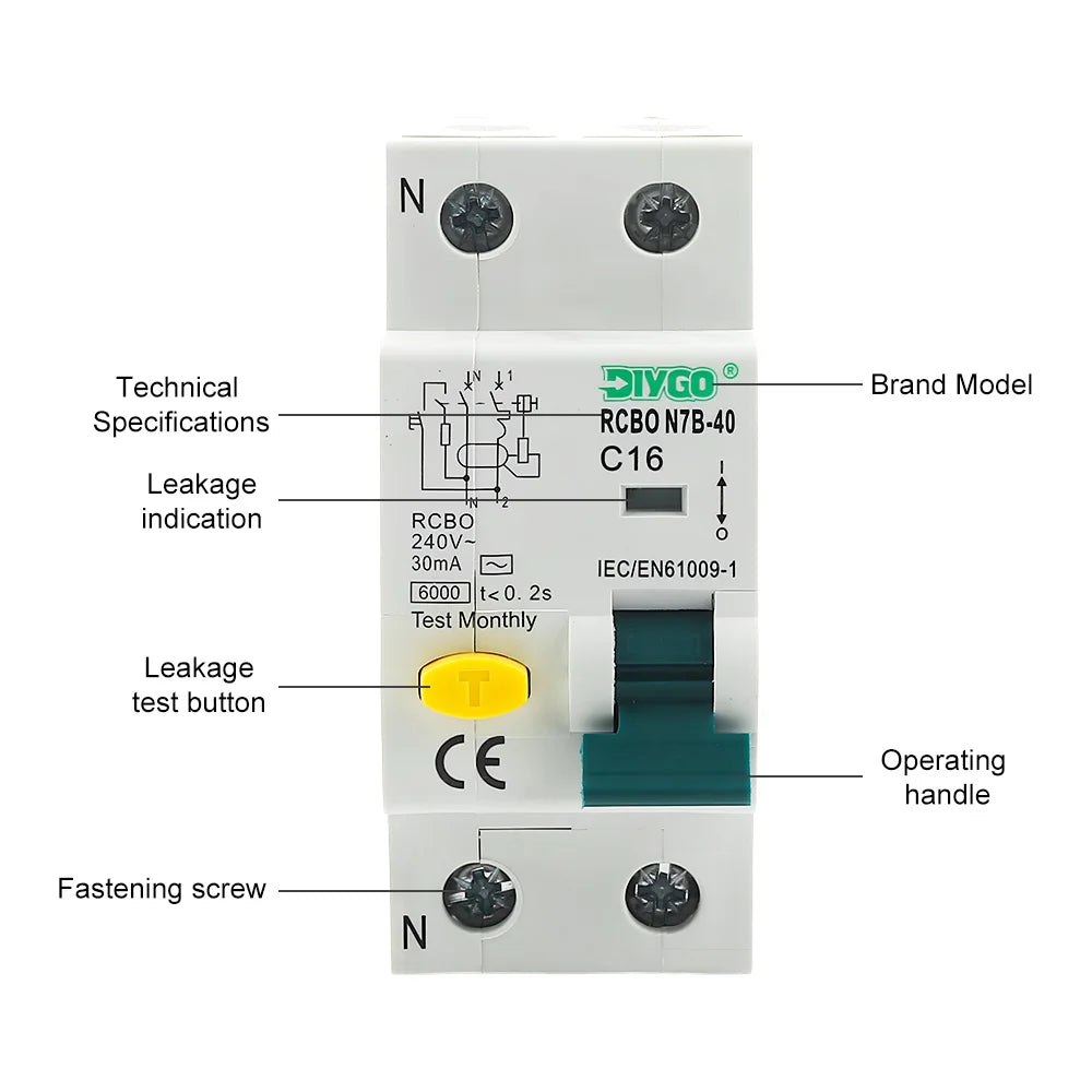 2P residual current circuit breaker electro-magnetic type with combined overcurrent and leakage protection