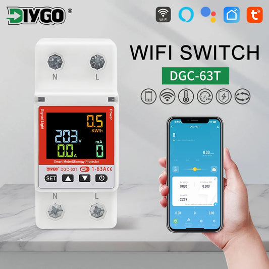 2P WiFi Smart Circuit Breaker DGC-63T with remote control, adjustable 1-63A switch, timer, voltage, current, temperature, and leakage protection