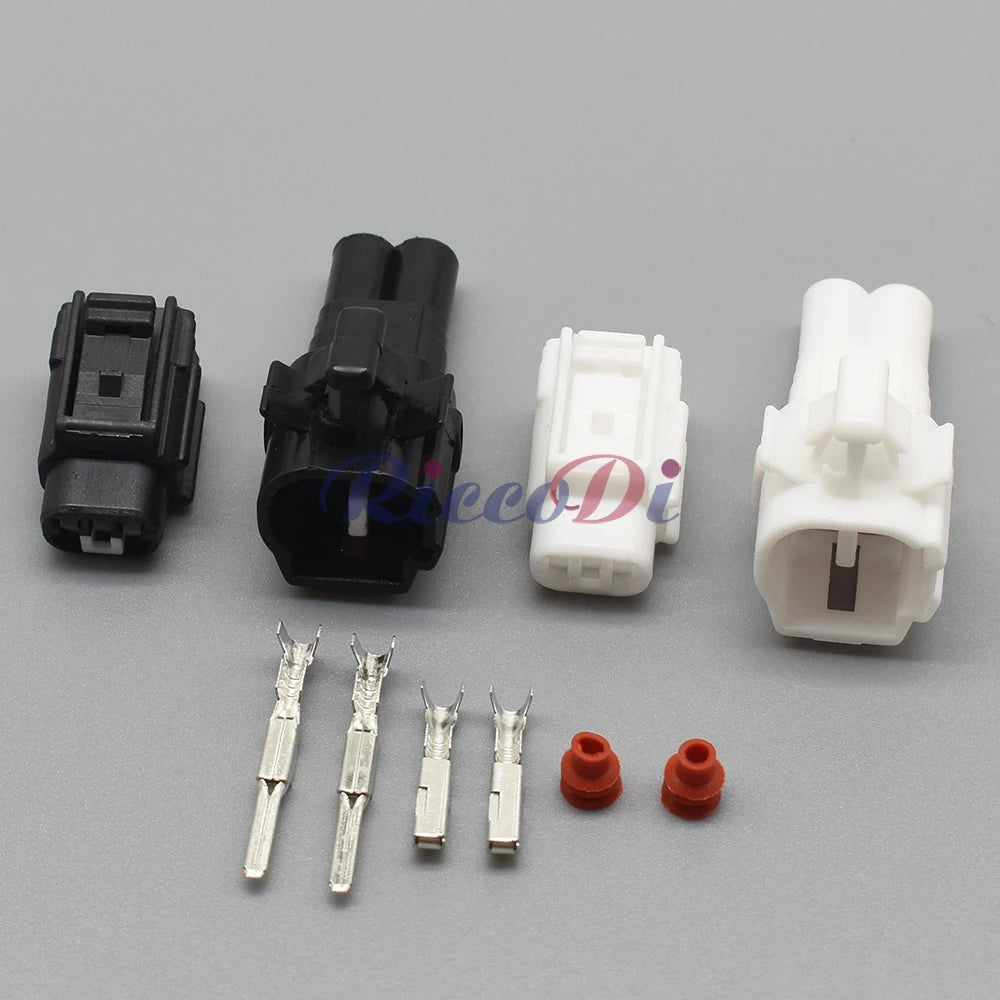 Close-up of terminal on 2-pin black waterproof automotive connector ensuring secure connection