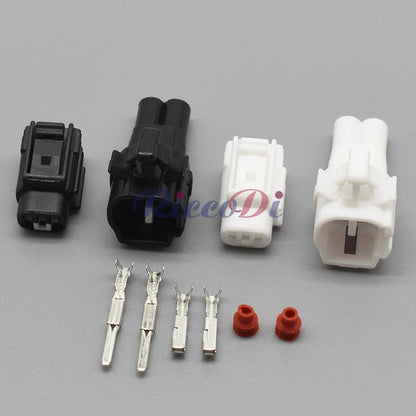 Close-up of terminal on 2-pin black waterproof automotive connector ensuring secure connection