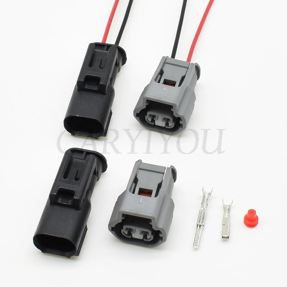 Rear view of automotive 2-pin connector 7223-1522 showing wire connection points and insulation design