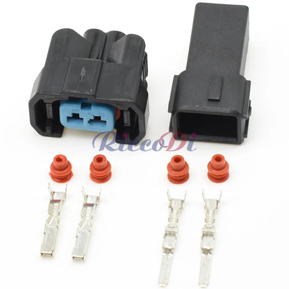 Close-up of 2 Pin automotive fuel injector connector showing male and female terminals for secure electrical connection in vehicles