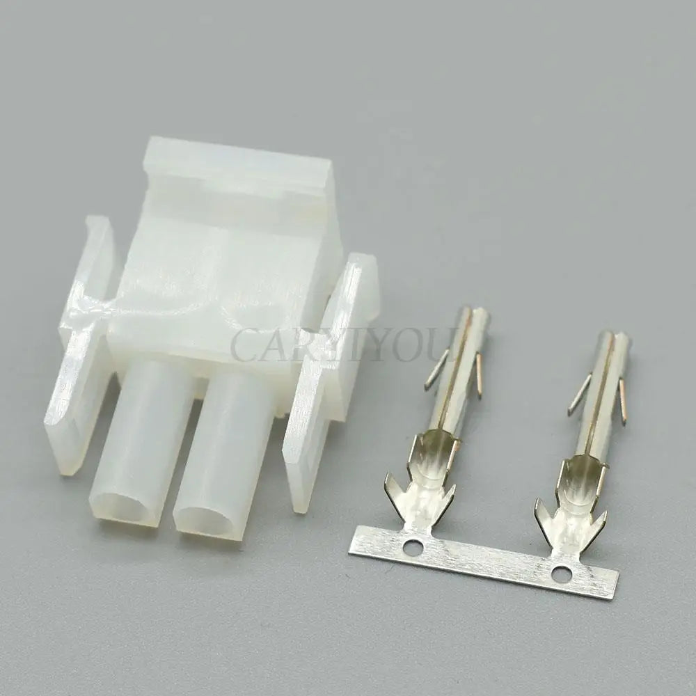 Detailed view of terminals on 2-pin automotive wire harness connector for reliable electrical connection
