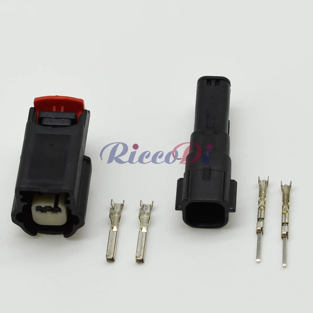 Close-up of male and female plug of automotive 2 pin connector for front bumper radar sensor installation