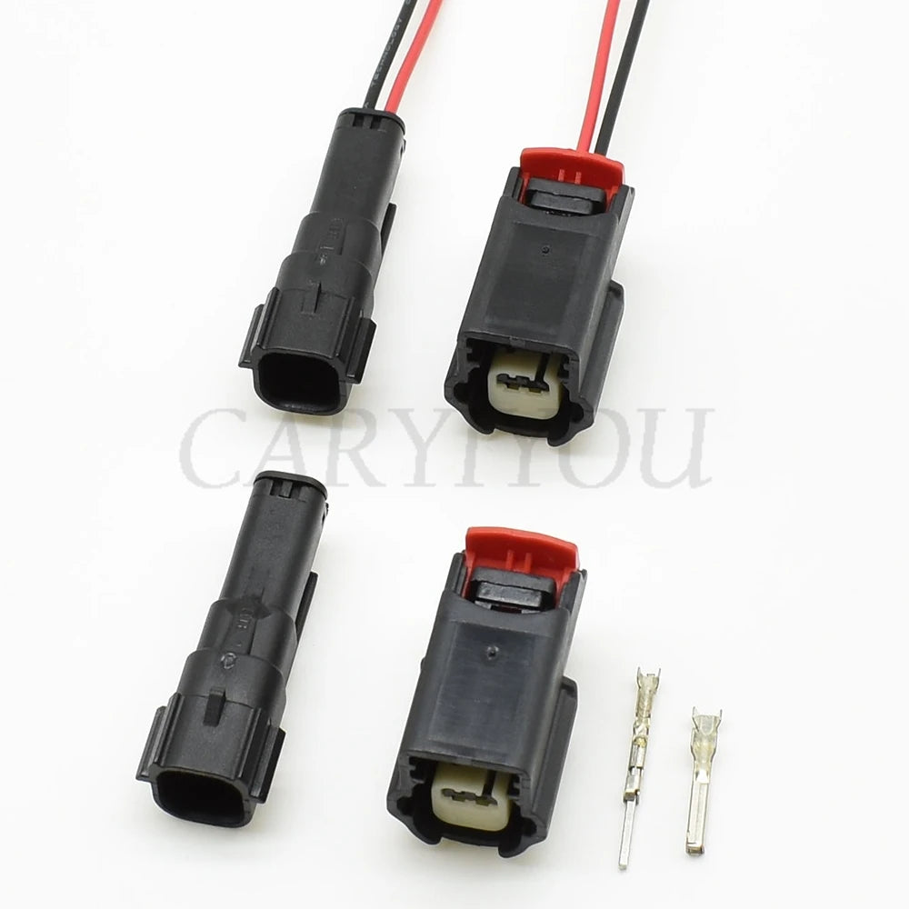 Detailed view of terminals on 2 pin automotive plug connector ensuring reliable electrical connection