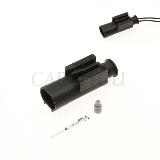 Close-up of male side of 2-pin sensor connector DJ7023YA-0.6-11 1-967570-3 highlighting secure pins and housing