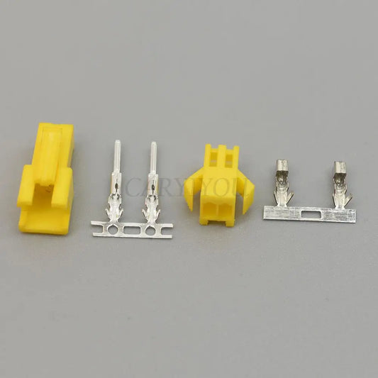 Front view of 2 pin SM yellow female and male connector with 2.54mm pitch terminals