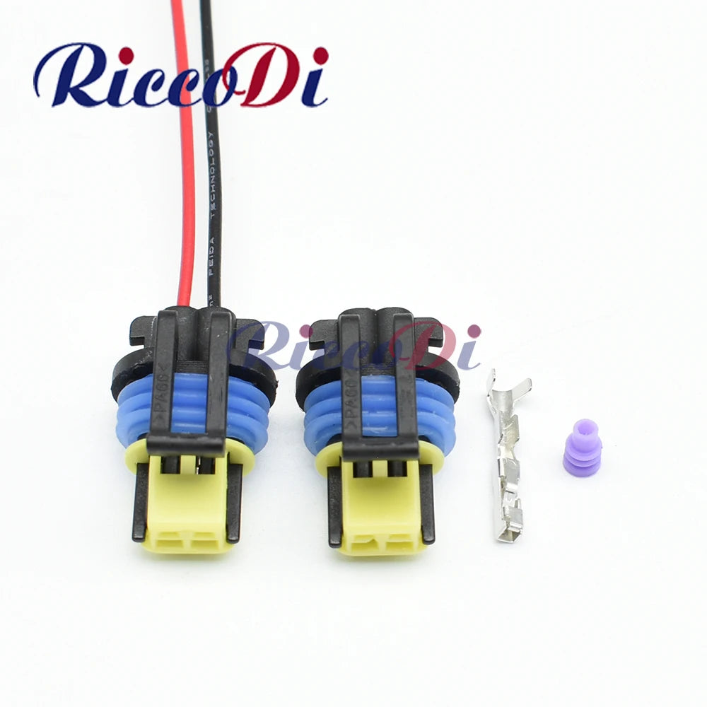 Front view of 2 pin automotive turn signal and side lamp connector plug with terminals for wire harness