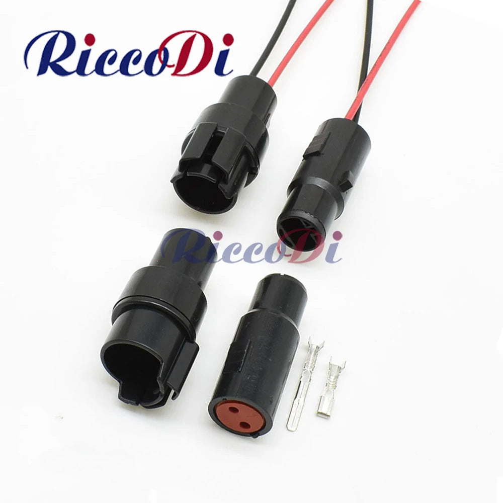 2-Pin waterproof automotive wiring harness connector showing male and female plug with terminals