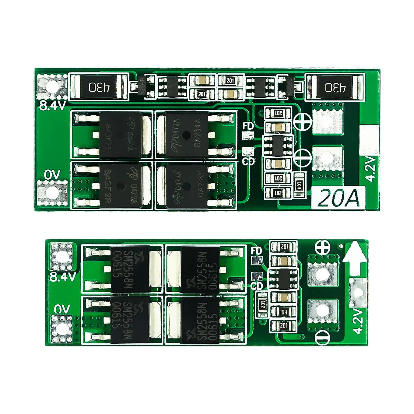 2S 7.4V/8.4V Li-ion battery protection board with 20A balanced BMS for 18650 cells, ensuring safe charging and discharging