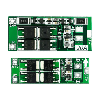 2S 7.4V/8.4V Li-ion battery protection board with 20A balanced BMS for 18650 cells, ensuring safe charging and discharging
