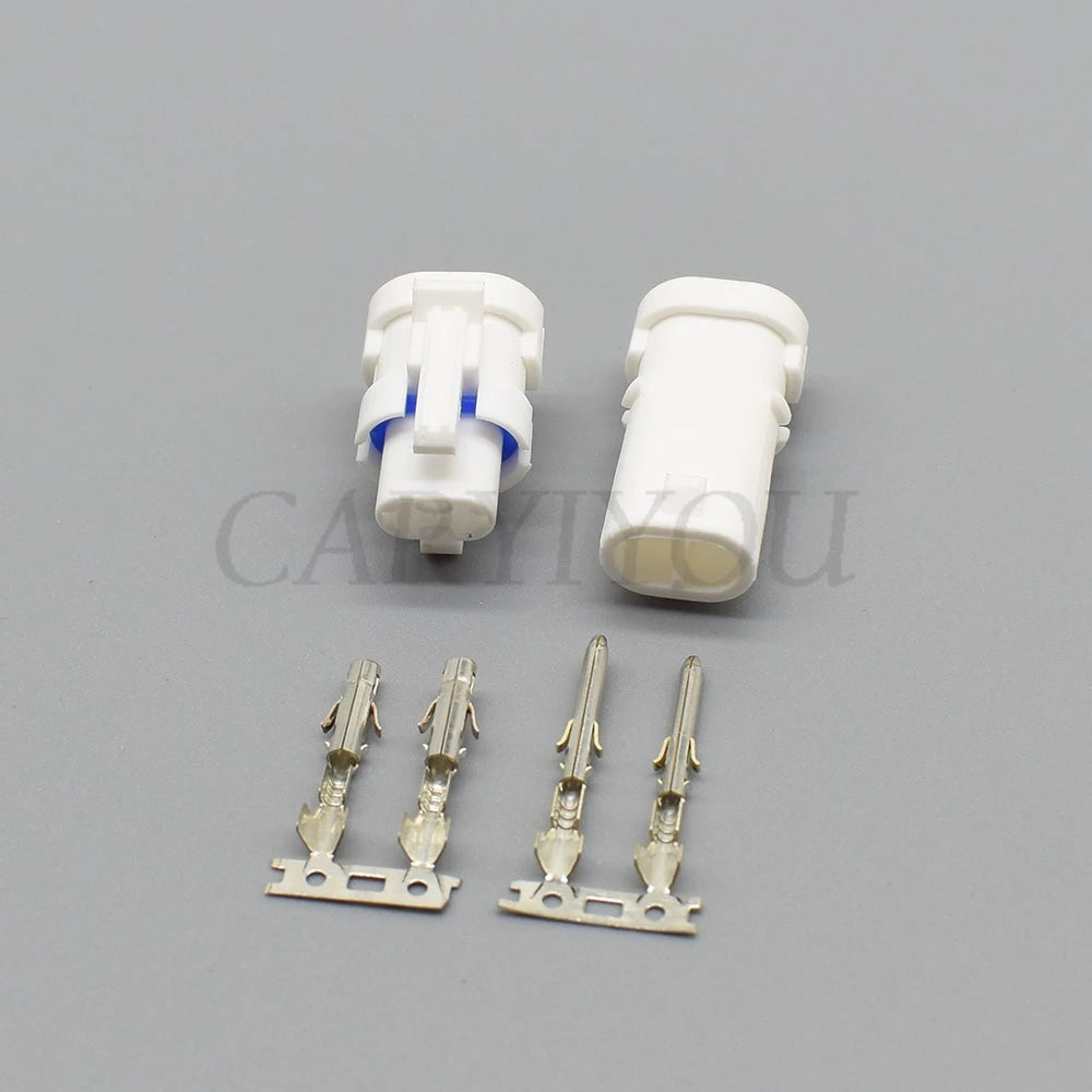 2-way male female connector plug installed in car wiring harness for safe and secure connection