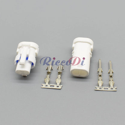 Close-up of 2-way male female auto connector plug highlighting precise fit and secure wiring