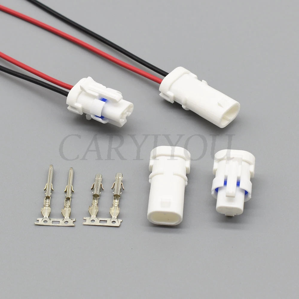 Detail of terminal pins on 2-way automotive connector plug for reliable electrical connection