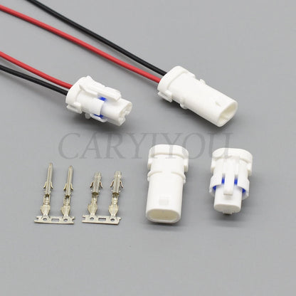 Detail of terminal pins on 2-way automotive connector plug for reliable electrical connection