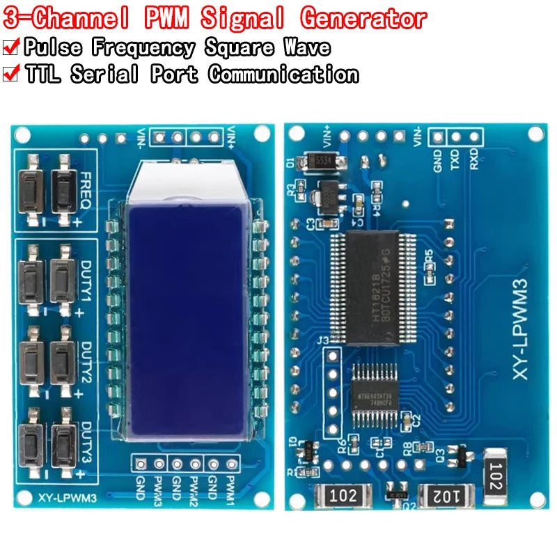 3-channel LCD digital signal generator module, adjustable square wave PWM, frequency 1Hz-150kHz, duty cycle adjustable, ideal for electronics testing and DIY projects