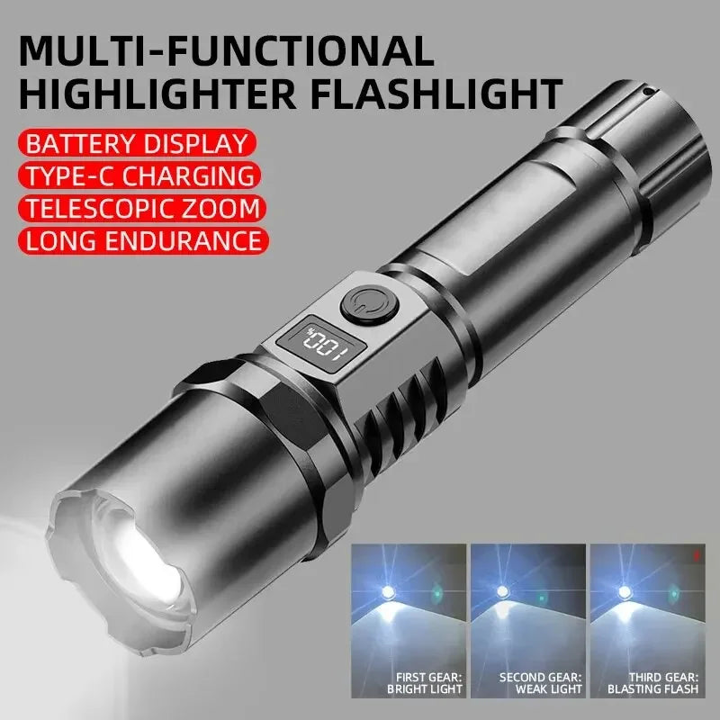 LED flashlight with 3 lighting modes and zoom