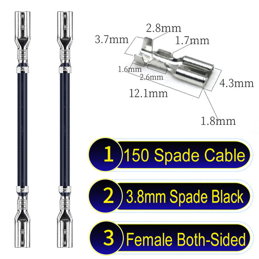 A detailed view of 3.8mm both sided Cable Black spade connectors, ideal for wiring tasks in automotive, home, and DIY projects.